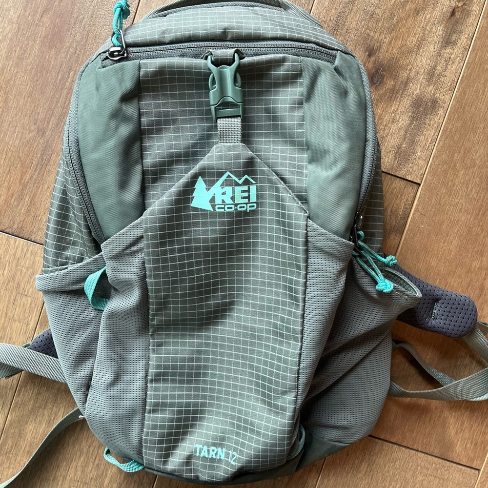 REI Olive Green Kids Backpack with Teal Accents